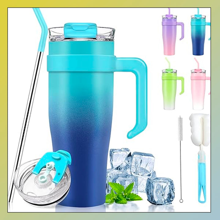 Tumbler With Lid and Straw, 40 Oz Tumbler with Handle Blue, 100% Leak Proof Tumbler Cup with 2 In 1 Lid, Stainless Steel Insulated Tumbler Keeps Drinks Cold For 24 Hours Or Hot For 12 Hours,Gift