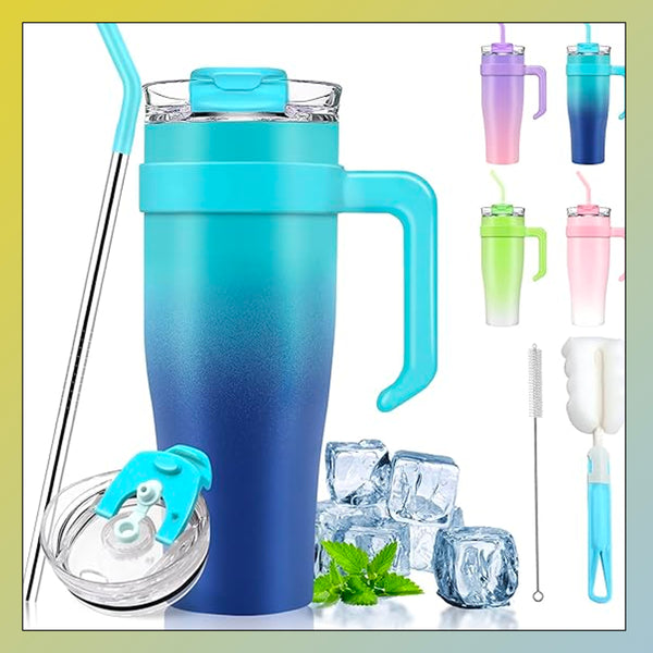 Tumbler With Lid and Straw, 40 Oz Tumbler with Handle Blue, 100% Leak Proof Tumbler Cup with 2 In 1 Lid, Stainless Steel Insulated Tumbler Keeps Drinks Cold For 24 Hours Or Hot For 12 Hours,Gift