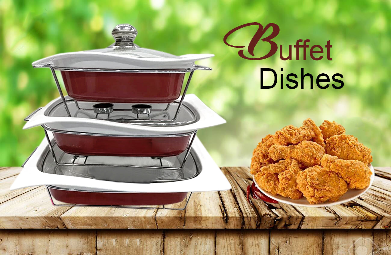 Buffet Dishes With Glass Lids & Stand 1 Pcs 15/Rect 3 pcs