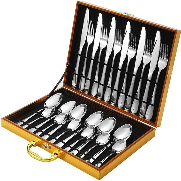 Luxury Stainless Steel Knife Fork Spoon Tableware Flatware Set 24 Piece