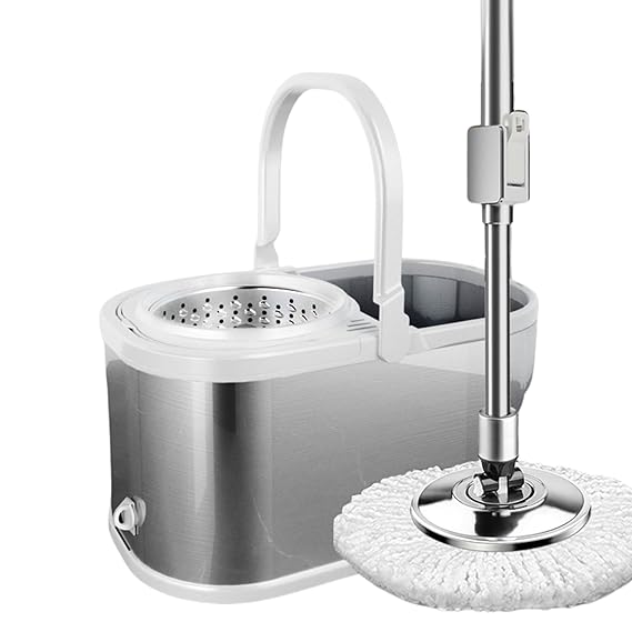 VAULT BHARAT Stainless Steel Bucket Mop with Bucket for Floor Cleaning with 1 Microfiber Refill, Wheels, Handle & Water Drainage, Heavy Duty, Cleaning mop,