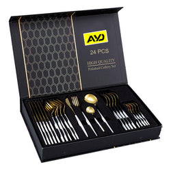 Luxury Stainless Steel Knife Fork Spoon Tableware Flatware Set 24 Set