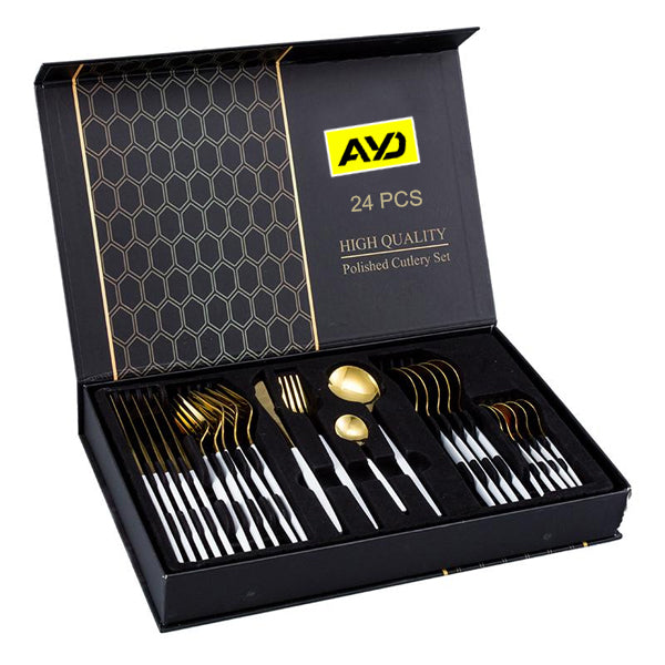 Luxury Stainless Steel Knife Fork Spoon Tableware Flatware Set 24 Set