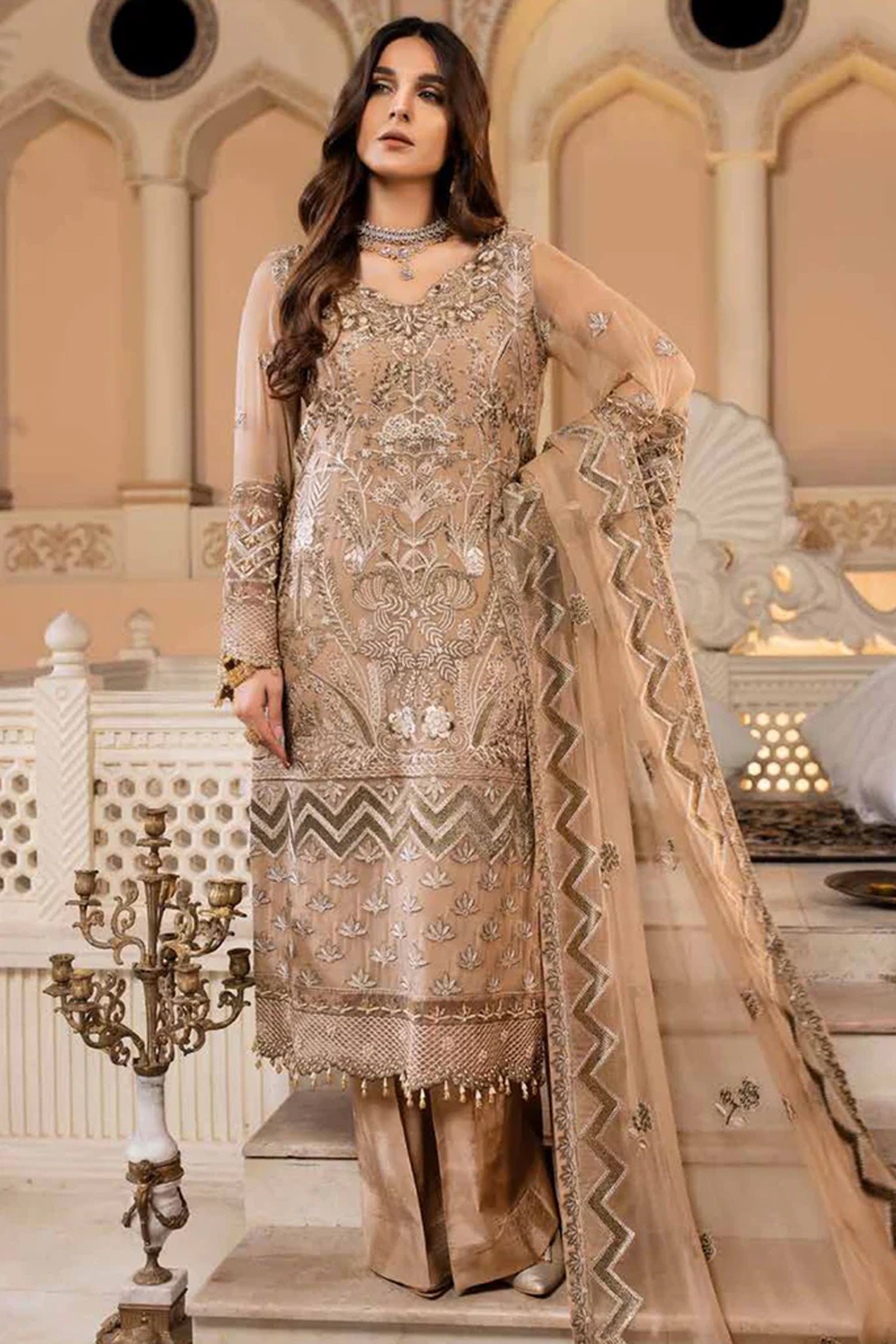 ZARSHA BY FASHION CITY LUXURY CHIFFON UNSTITCHED SUIT GOLDEN GLAMOUR