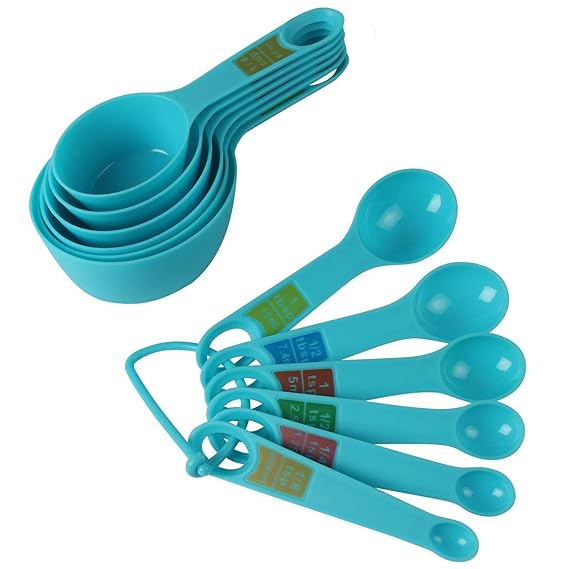 Okayji Plastic Measuring Cups and Spoon Set with Ring Holder, 12 Piece Set, (Blue)