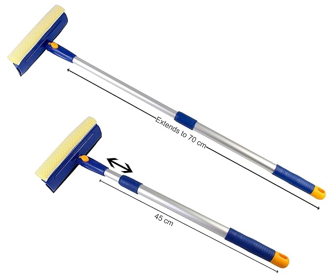 Multi-Purpose 2in1 Window Cleaning Squeegee Wiper Dual Side Blade Sponge & Rubber with Extendable Handle (Small - 45-70cm)