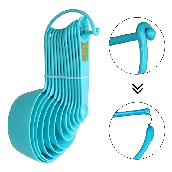 Okayji Plastic Measuring Cups and Spoon Set with Ring Holder, 12 Piece Set, (Blue)