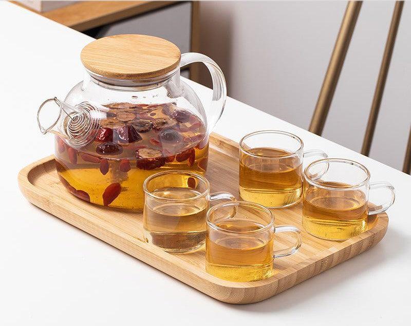 Glass Kettle with Cup Set and Wooden Tray for Tea