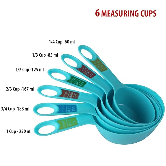 Okayji Plastic Measuring Cups and Spoon Set with Ring Holder, 12 Piece Set, (Blue)