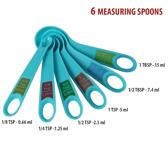 Okayji Plastic Measuring Cups and Spoon Set with Ring Holder, 12 Piece Set, (Blue)