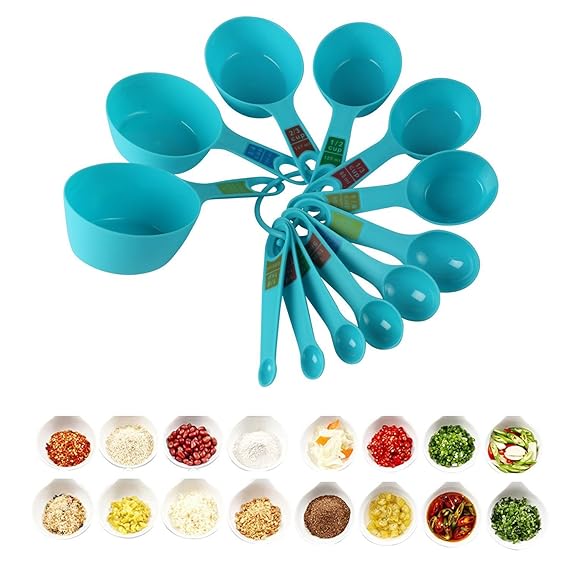 Okayji Plastic Measuring Cups and Spoon Set with Ring Holder, 12 Piece Set, (Blue)