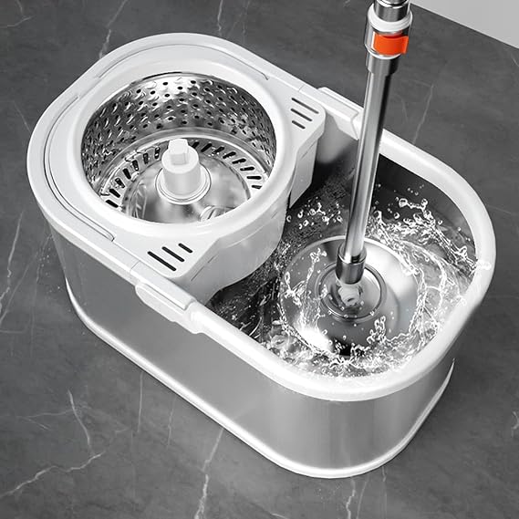 VAULT BHARAT Stainless Steel Bucket Mop with Bucket for Floor Cleaning with 1 Microfiber Refill, Wheels, Handle & Water Drainage, Heavy Duty, Cleaning mop,