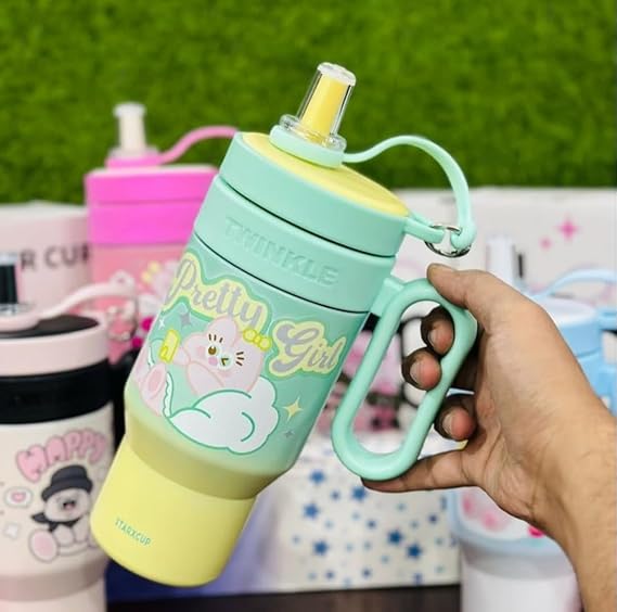 PAUL SONS Starxcup 850ml Insulated Stainless Steel Travel Mug, Cute Cartoon Design with Plastic Handle and Straw (Green, Large, 850ml Insulated Stainless Steel Travel Mug, Cute Cartoon Design)