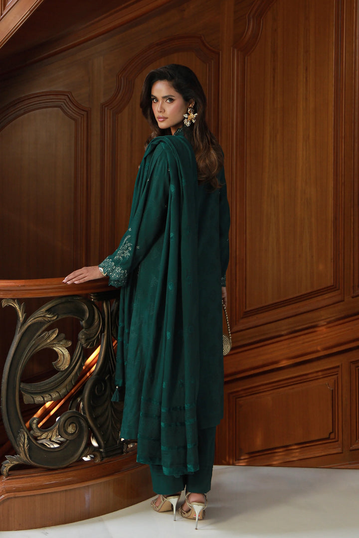 3 PIECE UNSTITCHED EMBROIDERED FANCY JACQUARD PEACH WITH VELVET-0279