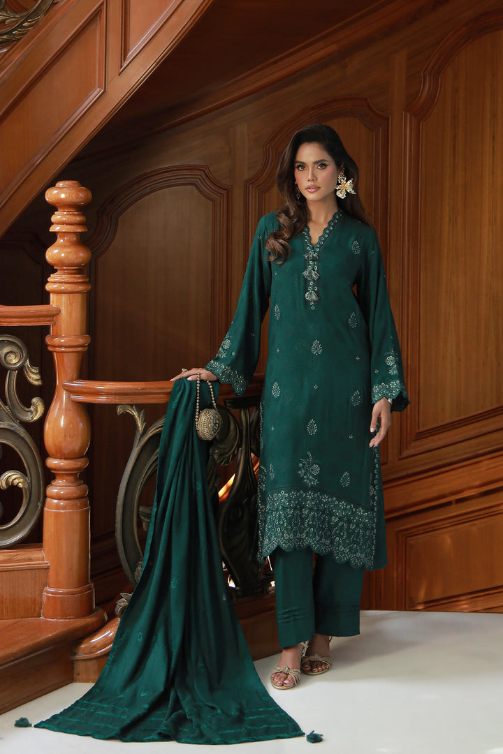 3 PIECE UNSTITCHED EMBROIDERED FANCY JACQUARD PEACH WITH VELVET-0279