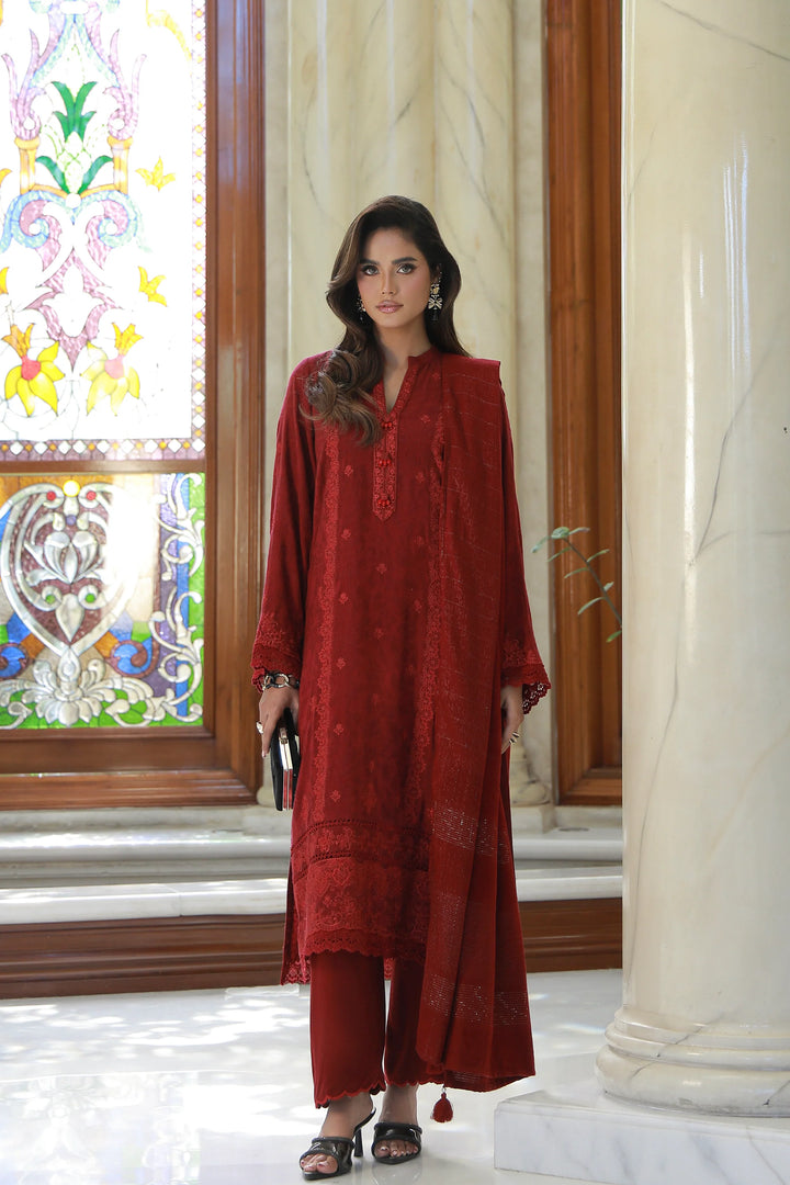 3 PIECE UNSTITCHED EMBROIDERED FANCY JACQUARD PEACH WITH VELVET-0277