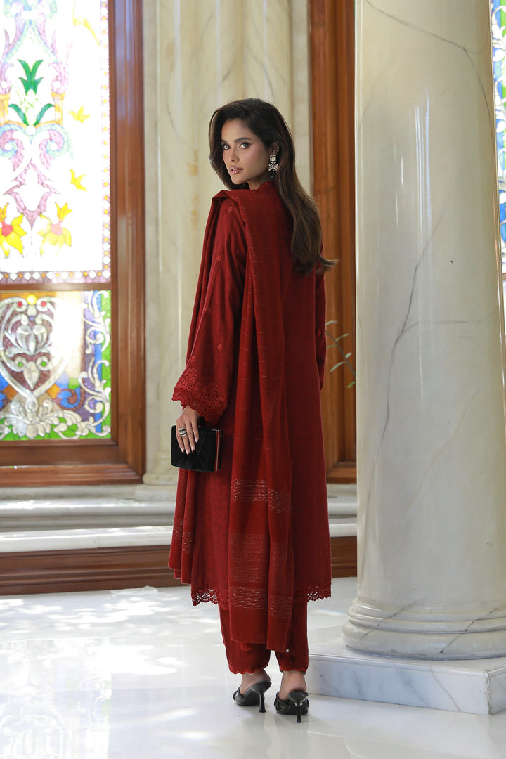 3 PIECE UNSTITCHED EMBROIDERED FANCY JACQUARD PEACH WITH VELVET-0277