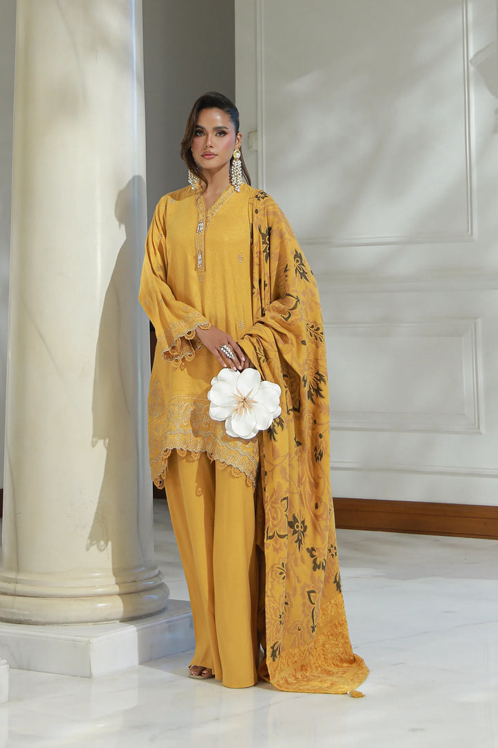 3 PIECE UNSTITCHED EMBROIDERED FANCY JACQUARD PEACH WITH VELVET-0453