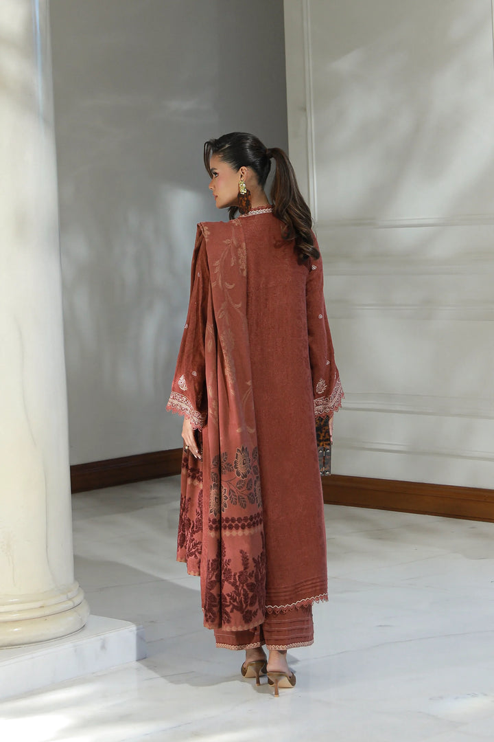 3 PIECE UNSTITCHED EMBROIDERED FANCY JACQUARD PEACH WITH VELVET-0054