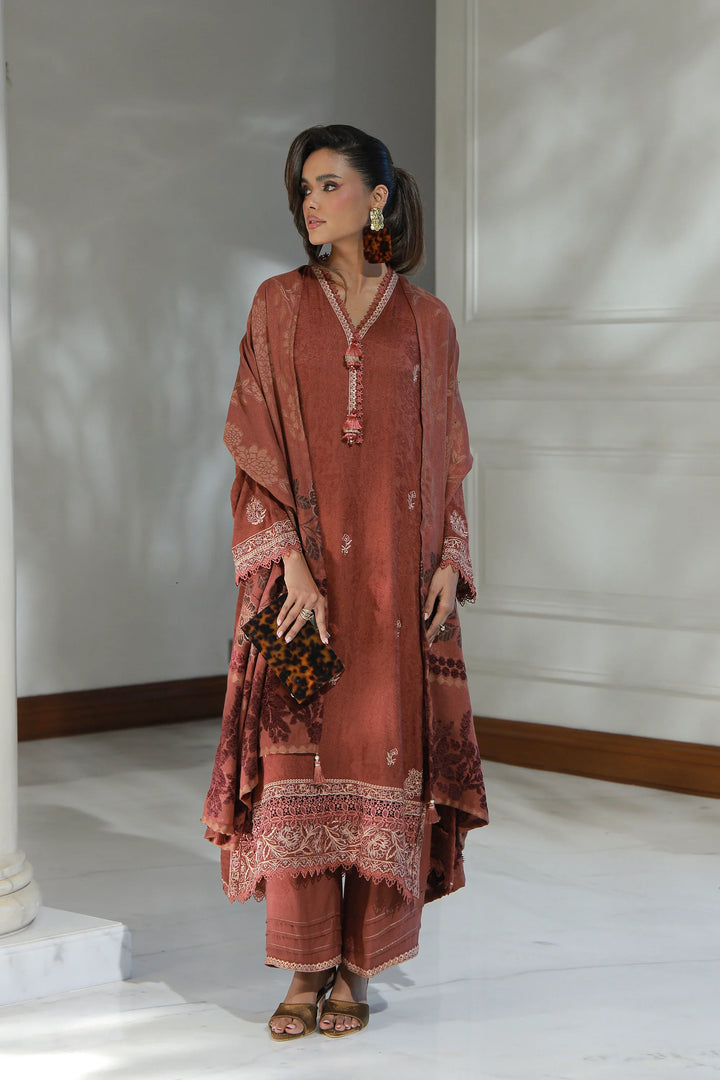 3 PIECE UNSTITCHED EMBROIDERED FANCY JACQUARD PEACH WITH VELVET-0054