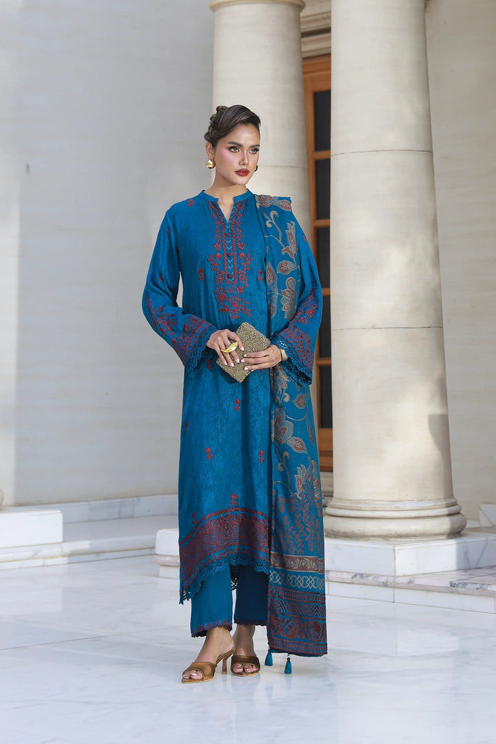 3 PIECE UNSTITCHED EMBROIDERED FANCY JACQUARD PEACH WITH VELVET-0055