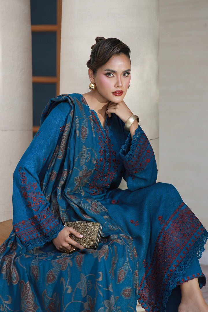 3 PIECE UNSTITCHED EMBROIDERED FANCY JACQUARD PEACH WITH VELVET-0055