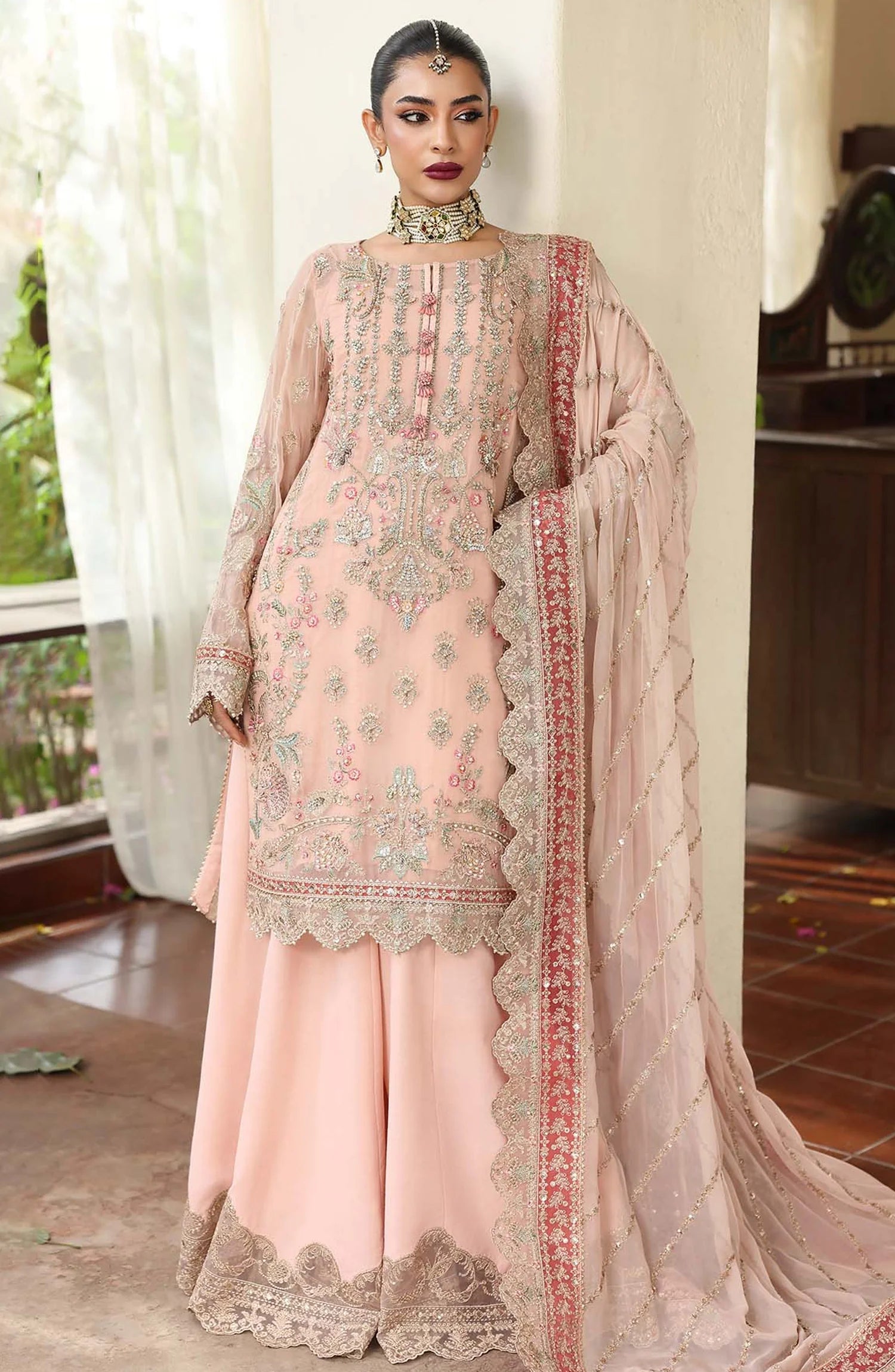 Saiyara by Imrozia Luxury Formal Embroidered Chiffon Unstitched 3 Piece Suit - I-235 ELNAZ - IMP25SAY - Peach - Festive Collection