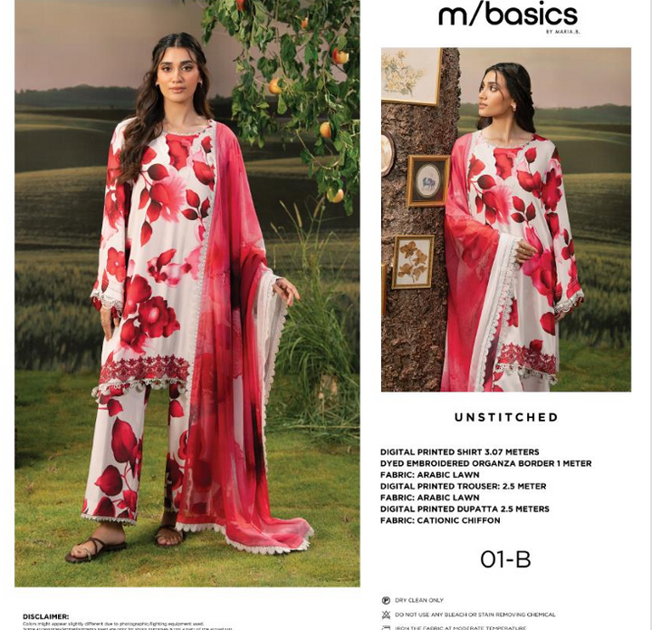 MARIA.B M BASIC 3 Pc Unstitched Embroidered Arabic Lawn Suit