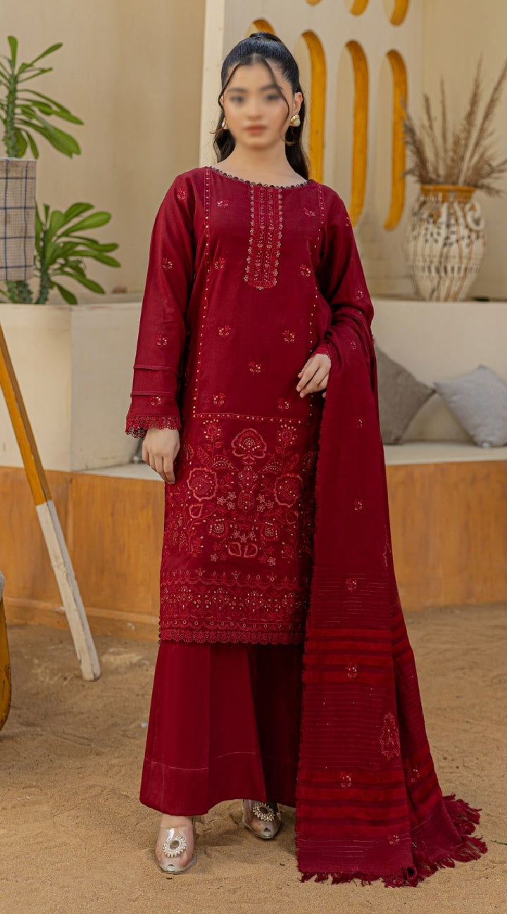 Dhanak Embroidered With Fancy Velvet-Woolen Shawl- Moment By Fantak