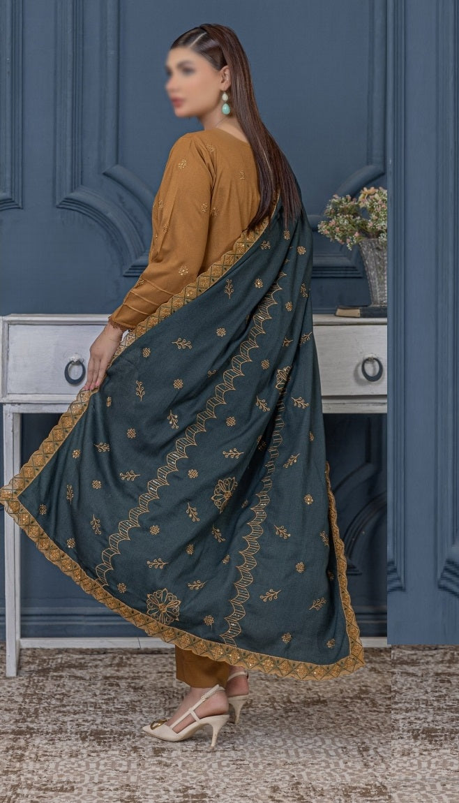 Dhanak Embroidered With Embroidered-Woolen Shawl- Vintage By Fantak