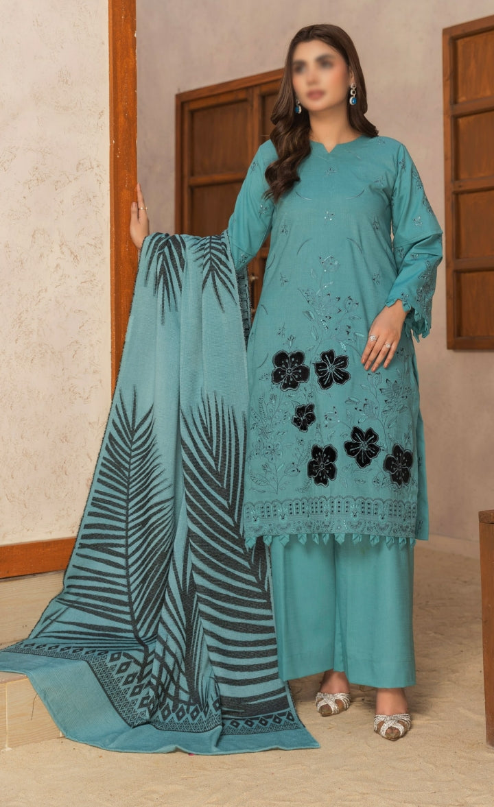 Dhanak Slub Embroidered With Velvet Jacquard Woolen Shawl-Vogue by Fantak