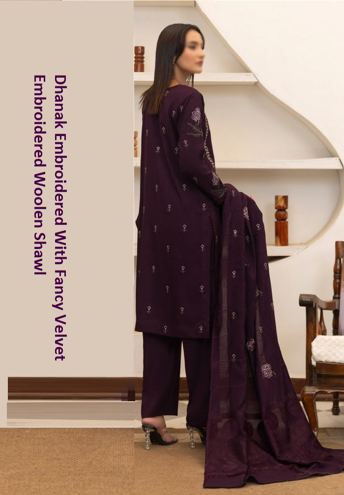 Dhanak Embroidered With Fancy Velvet Embroidered Woolen Shawl-Moonlight