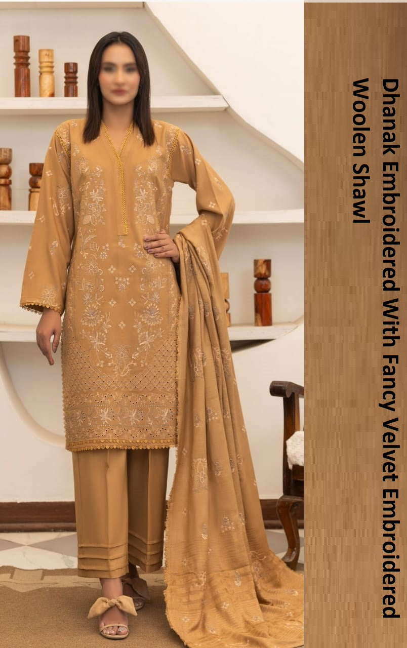 Dhanak Embroidered With Fancy Velvet Embroidered Woolen Shawl-Moonlight