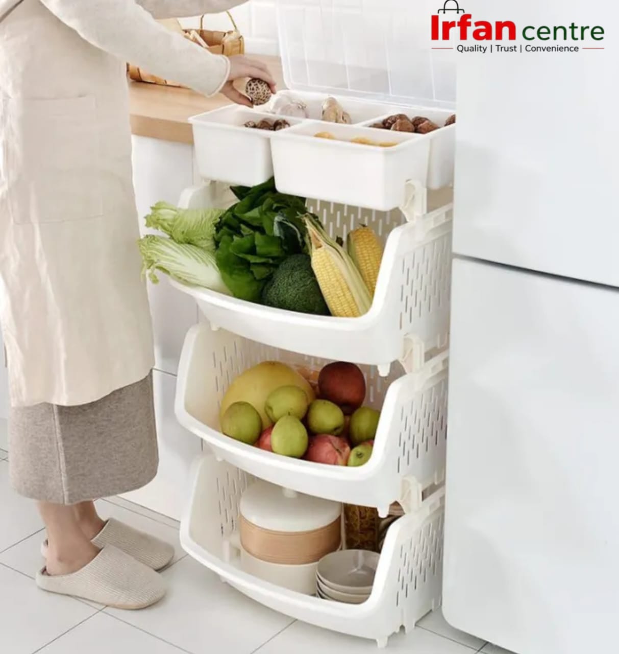 Multi-Purpose Vegetable Rack – 3 Tier Plastic Storage Organizer for Fruits, Vegetables, Grocery & Kitchen Use – Stackable & Space-Saving Design