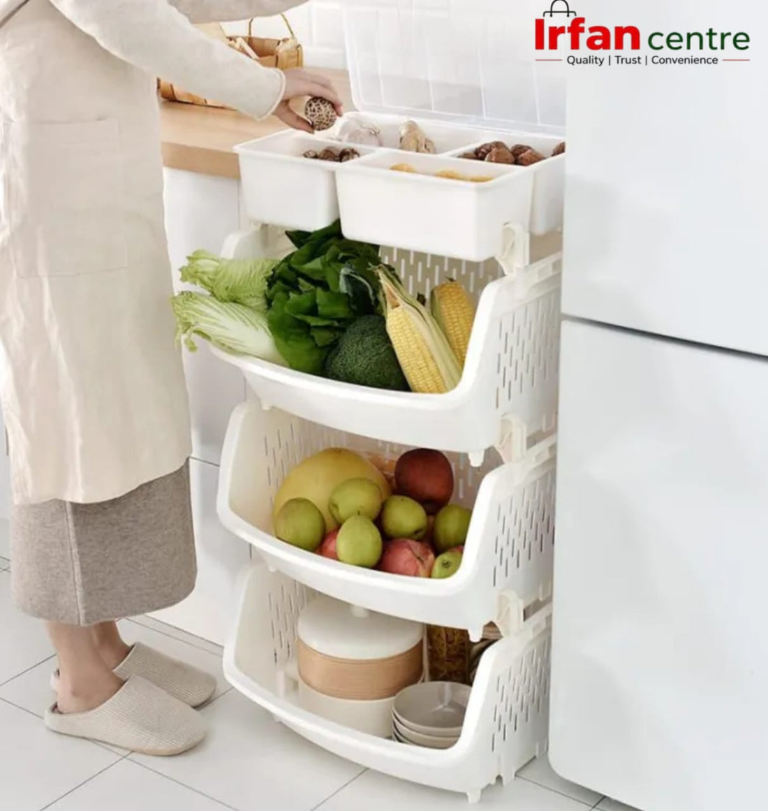 Multi-Purpose Vegetable Rack – 3 Tier Plastic Storage Organizer for Fruits, Vegetables, Grocery & Kitchen Use – Stackable & Space-Saving Design